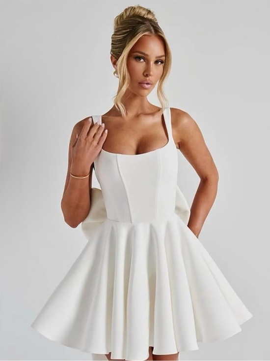 Babyboo Fashion Dresses & Skirts - Babyboo Fashion White Square-Neck Fit & Flare Mini Dress with Detachable Bow XL